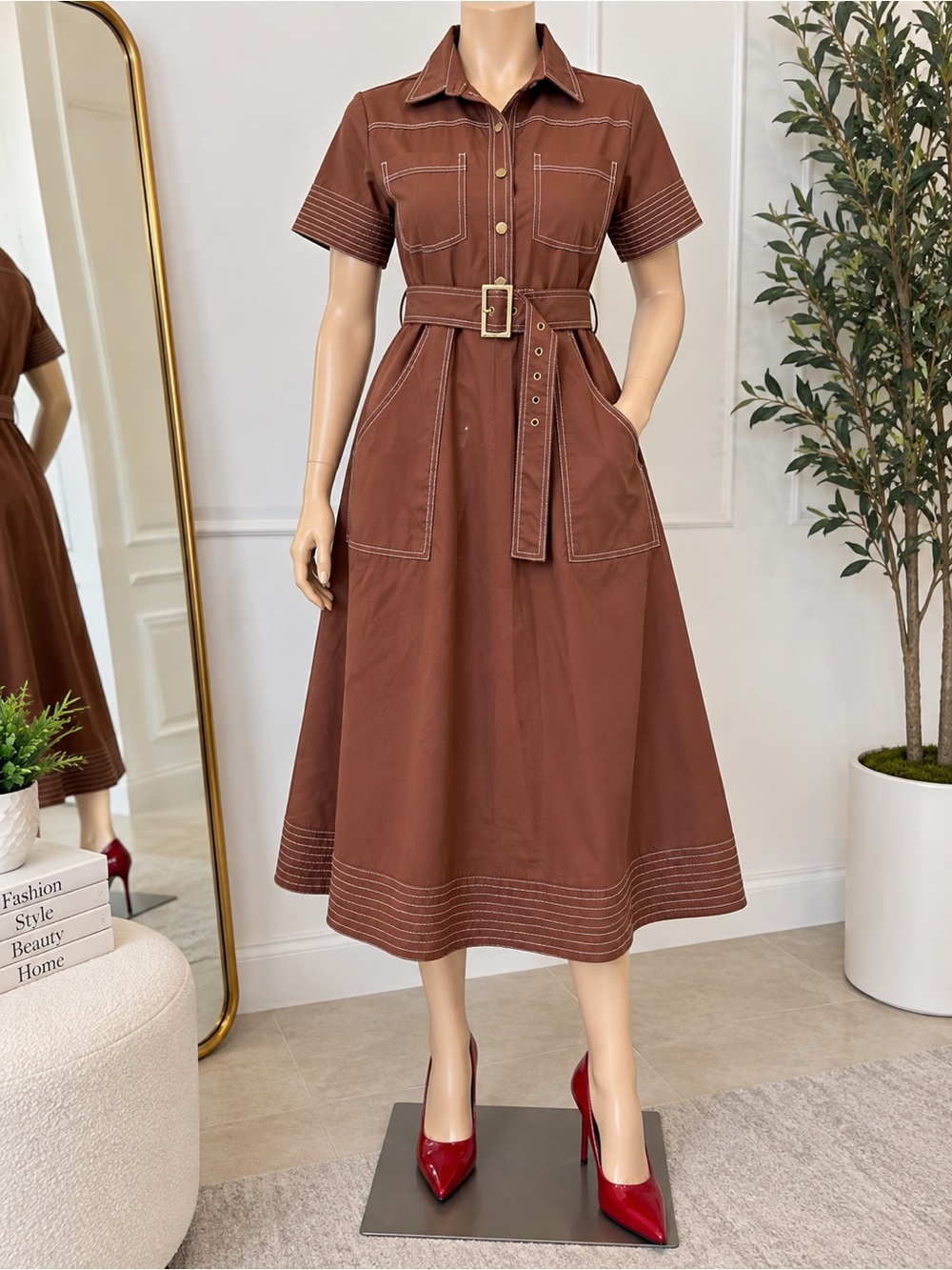 Women’s Brown Midi Shirt Dress Button Front Belted Utility Style size S